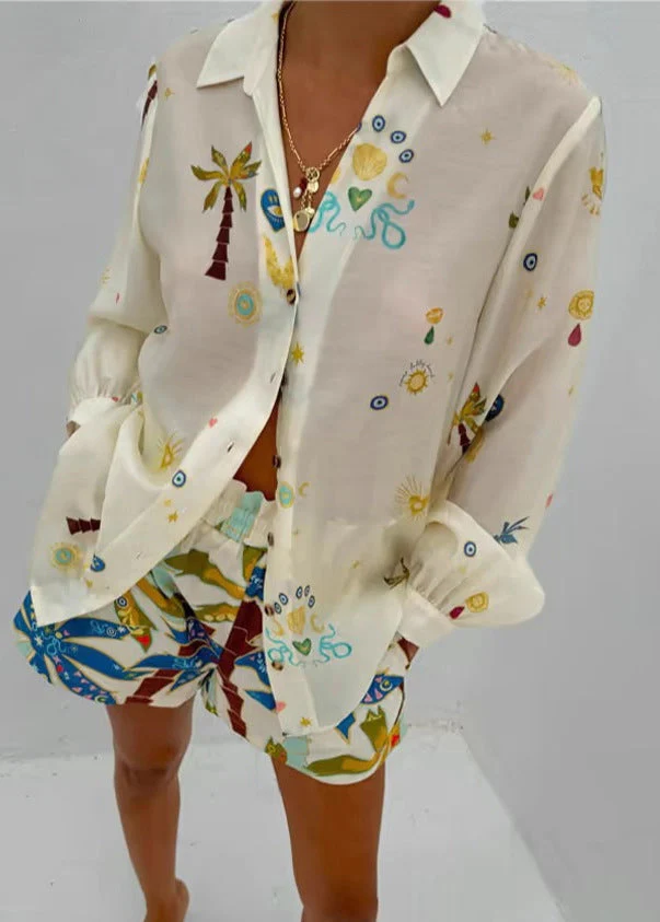Chic Beige Oversized Print Cotton Two Pieces Set Summer - Image 5