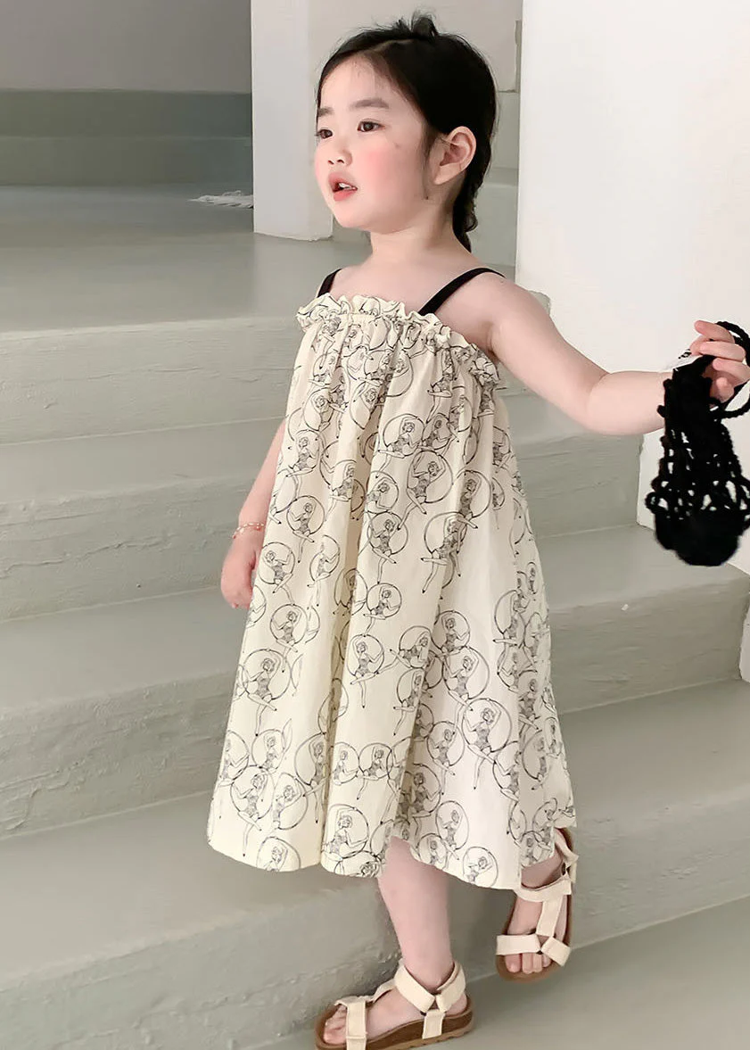 Chic Beige Print Ruffled Patchwork Cotton Slip Maxi Dress Sleeveless - Image 5