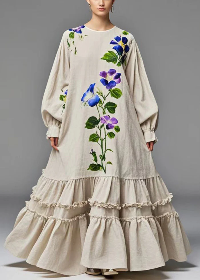Chic Beige Ruffled Print Cotton Holiday Dress Spring - Image 3