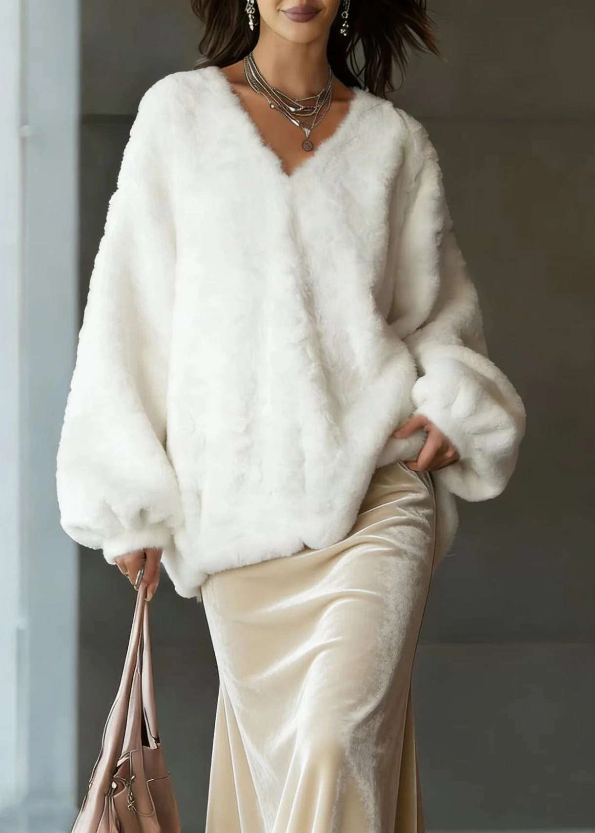 Chic Beige V Neck Fuzzy Fur Fluffy Tops Lantern Sleeve - Image 3