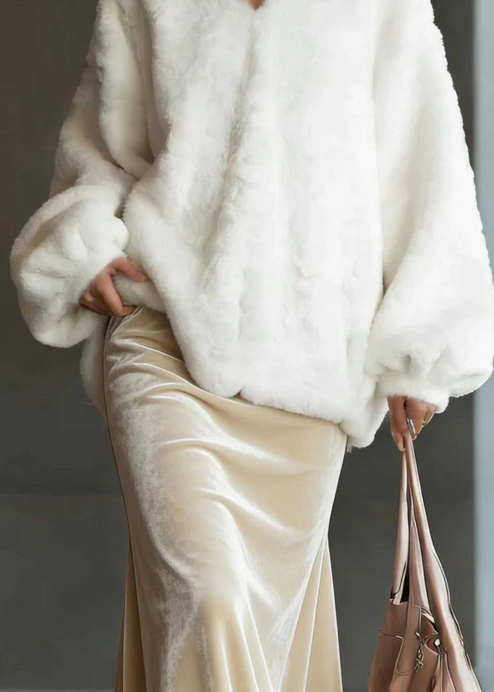 Chic Beige V Neck Fuzzy Fur Fluffy Tops Lantern Sleeve - Image 4