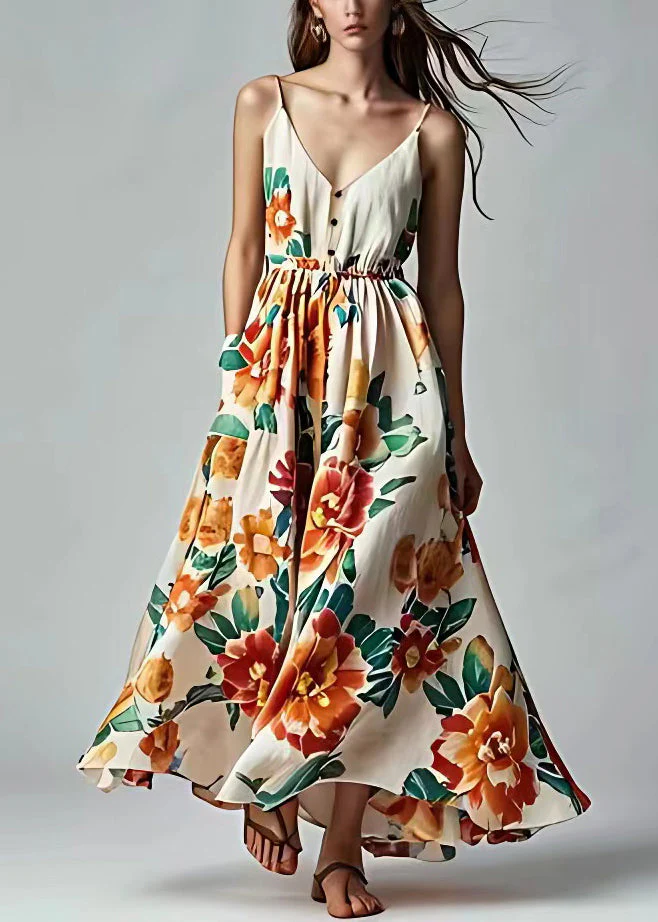 Chic Beige V Neck Print Pockets Cotton Spaghetti Strap Dress Sleeveless - Image 2