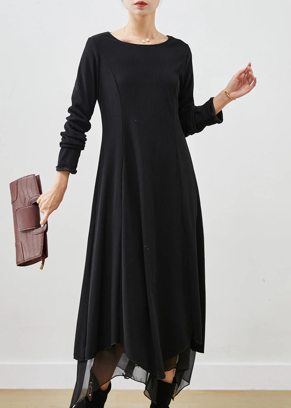 Chic Black Asymmetrical Exra Large Hem Cotton Long Dress Spring - Image 2