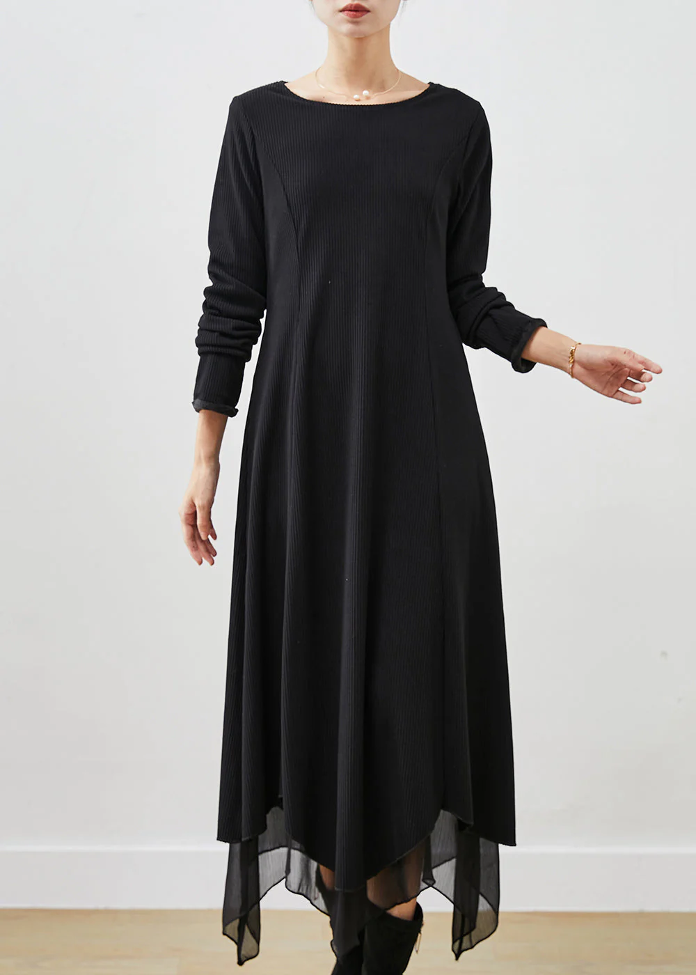 Chic Black Asymmetrical Exra Large Hem Cotton Long Dress Spring - Image 3