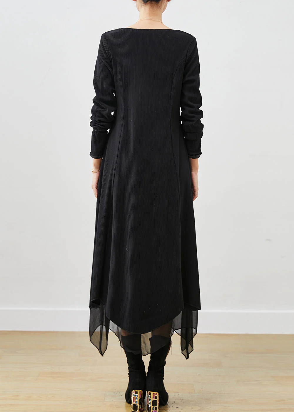Chic Black Asymmetrical Exra Large Hem Cotton Long Dress Spring - Image 4