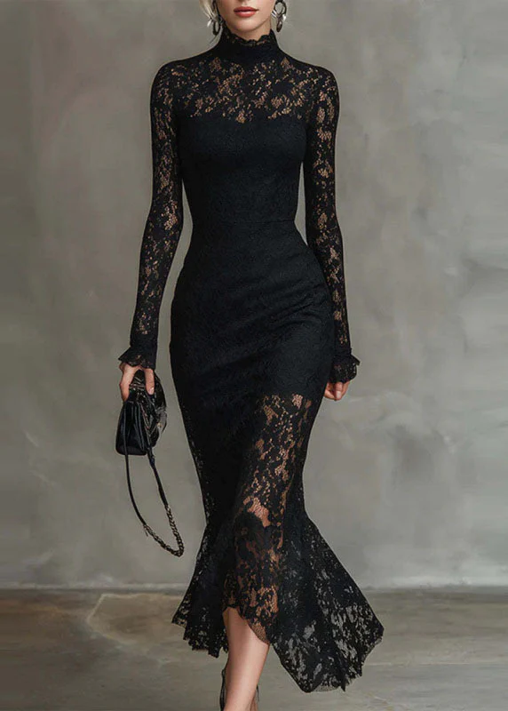 Chic Black Asymmetrical Slim Fit Lace Long Dress Fall