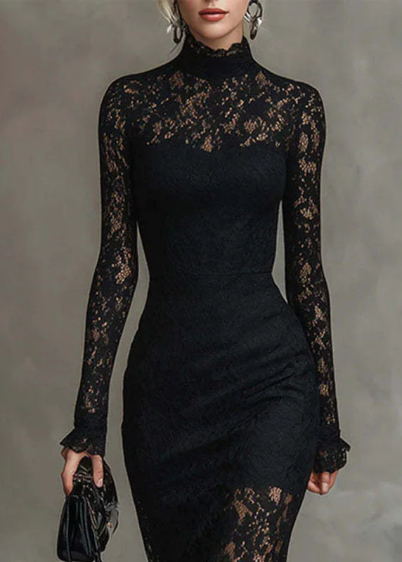 Chic Black Asymmetrical Slim Fit Lace Long Dress Fall - Image 2