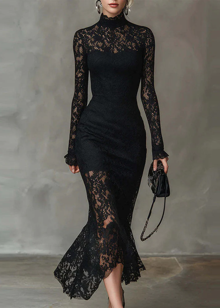 Chic Black Asymmetrical Slim Fit Lace Long Dress Fall - Image 3