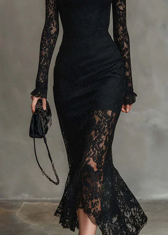 Chic Black Asymmetrical Slim Fit Lace Long Dress Fall - Image 4