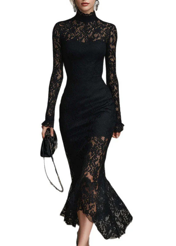 Chic Black Asymmetrical Slim Fit Lace Long Dress Fall - Image 5