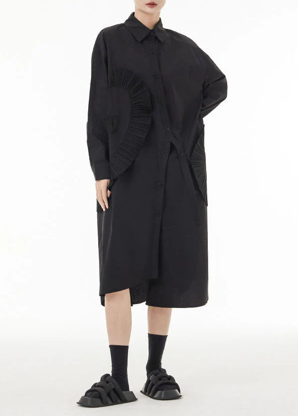 Chic Black Asymmetrical Wrinkled Cotton Robe Dresses Spring - Image 3