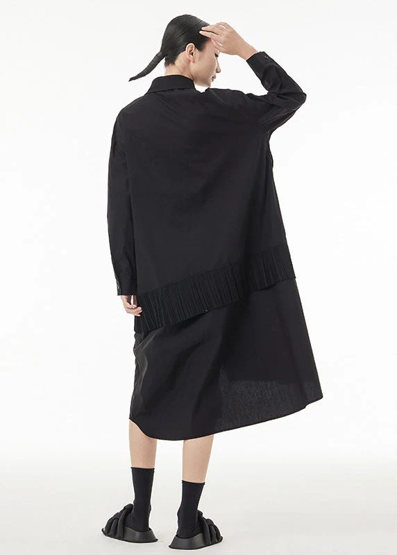 Chic Black Asymmetrical Wrinkled Cotton Robe Dresses Spring - Image 4