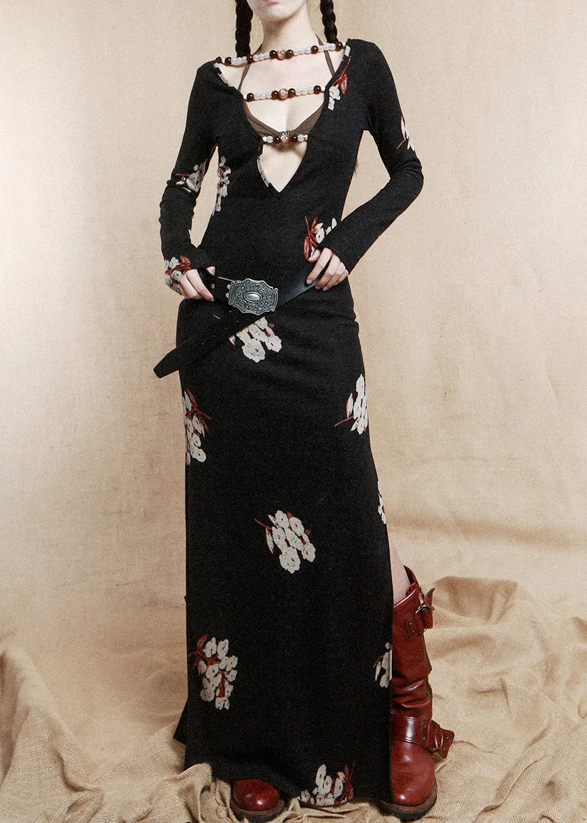 Chic Black Beading Wear On Both Sides Cotton Dress Long Sleeve - Image 2