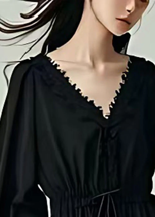 Chic Black Cinched Exra Large Hem Cotton Maxi Dresses Spring - Image 2