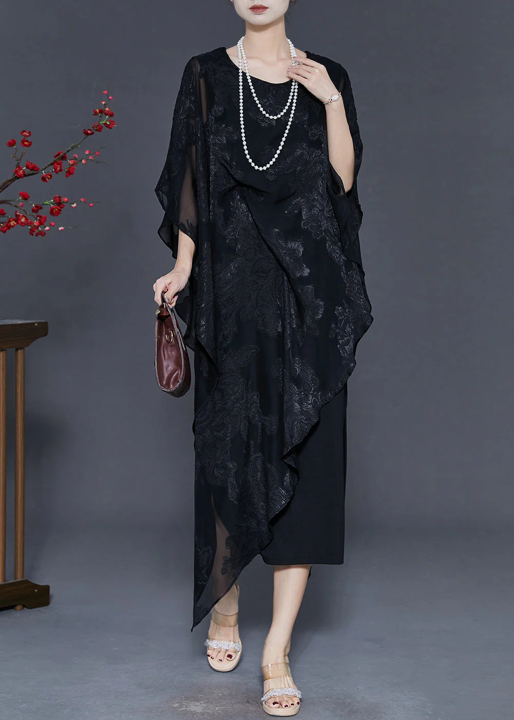 Chic Black Cold Shoulder Jacquard Silk Dresses Summer - Image 3