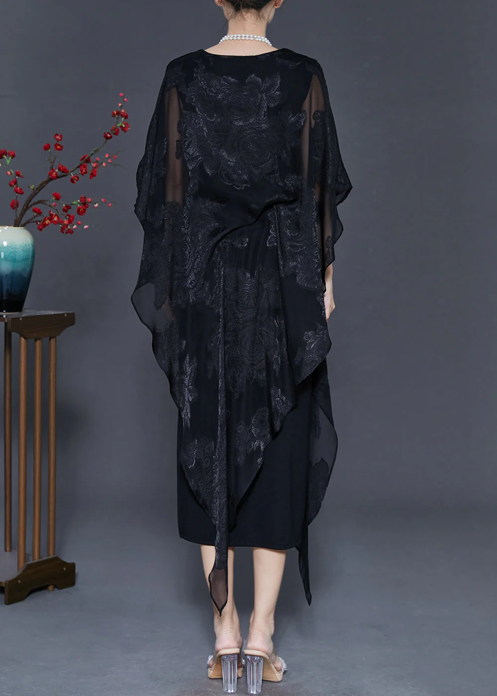 Chic Black Cold Shoulder Jacquard Silk Dresses Summer - Image 4
