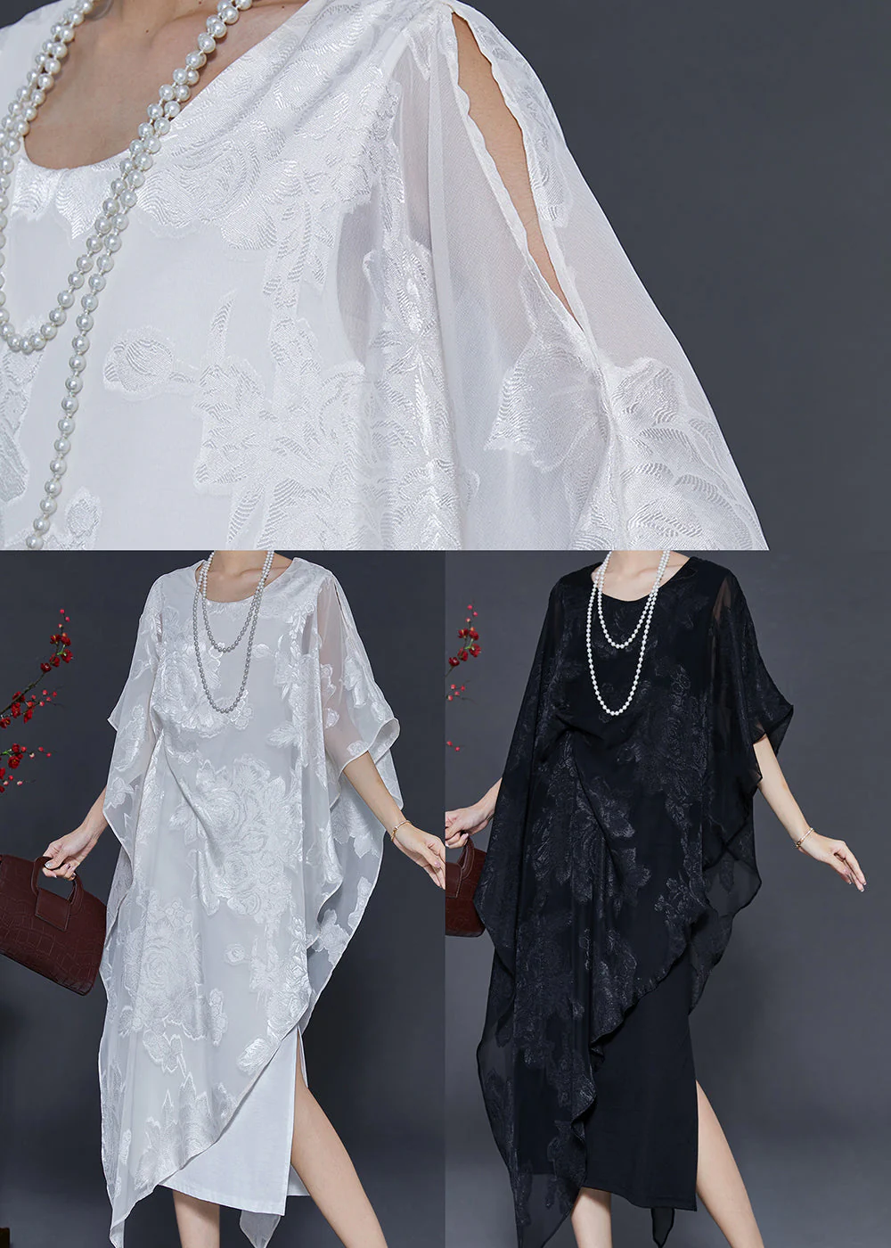 Chic Black Cold Shoulder Jacquard Silk Dresses Summer - Image 5