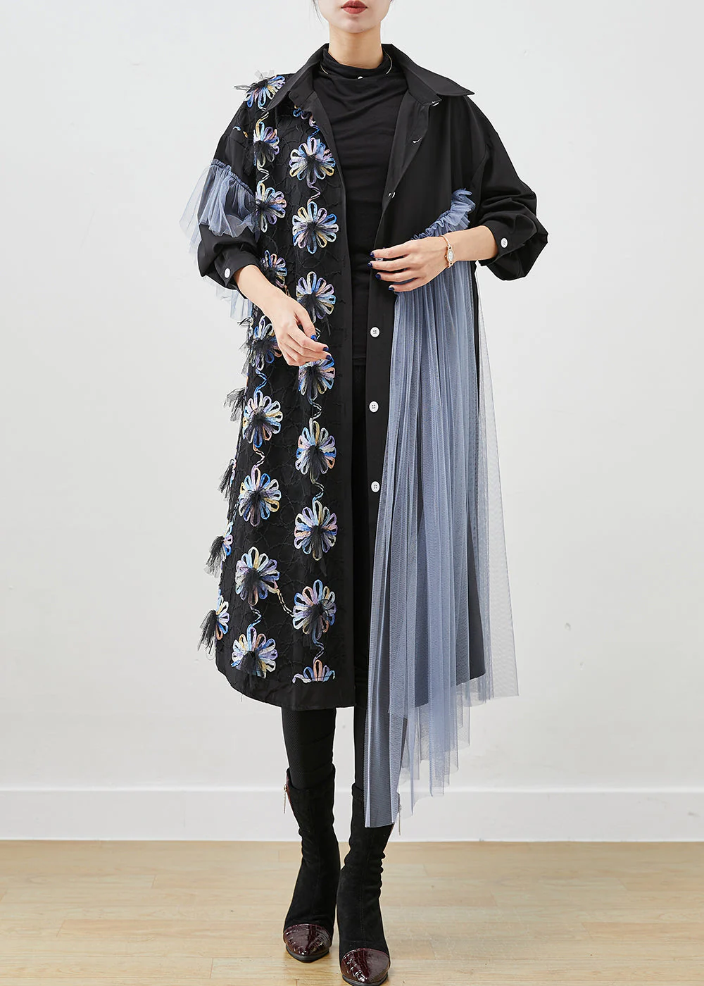 Chic Black Floral Ruffled Patchwork Tulle Cotton Shirt Dress Fall - Image 2