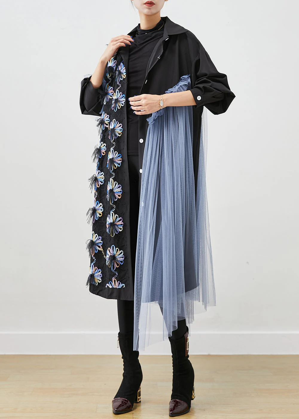 Chic Black Floral Ruffled Patchwork Tulle Cotton Shirt Dress Fall - Image 3