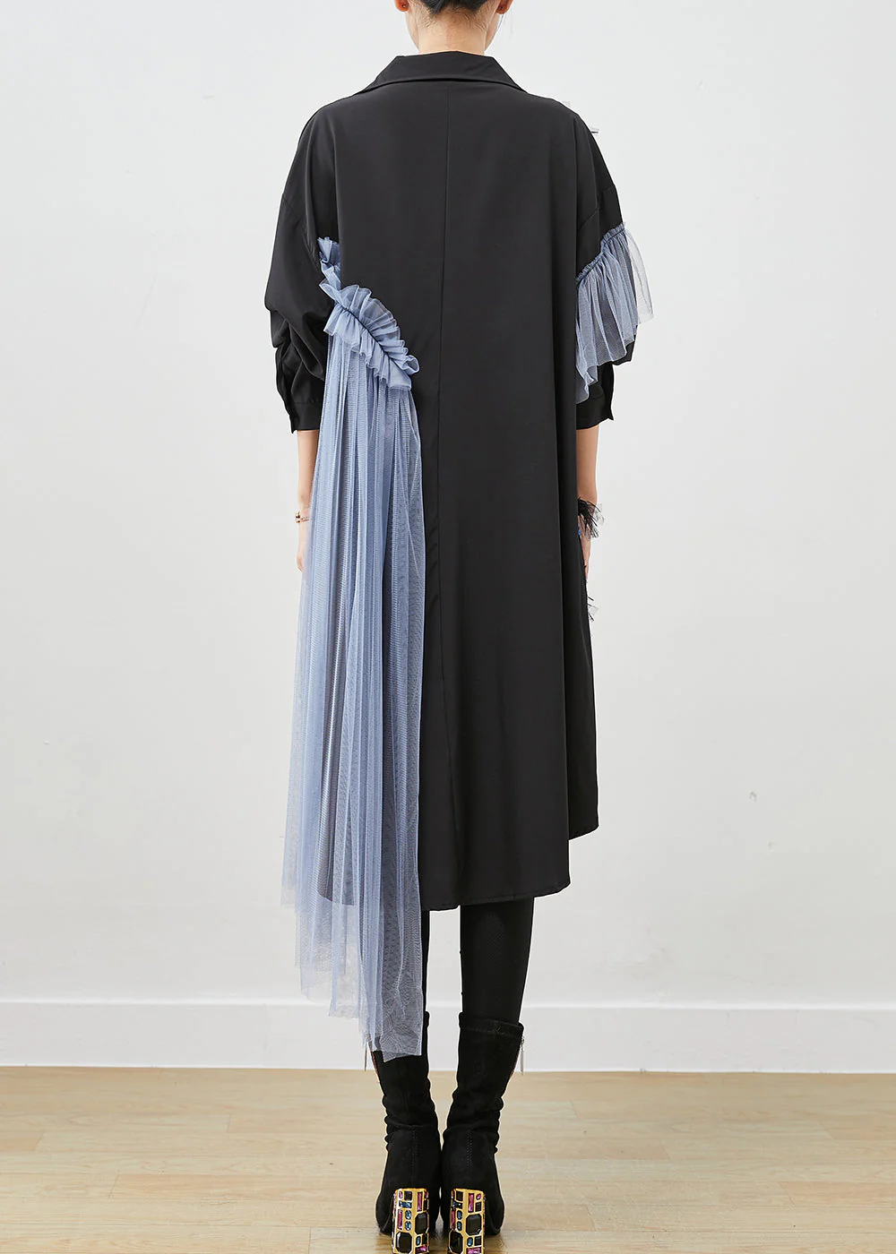Chic Black Floral Ruffled Patchwork Tulle Cotton Shirt Dress Fall - Image 4