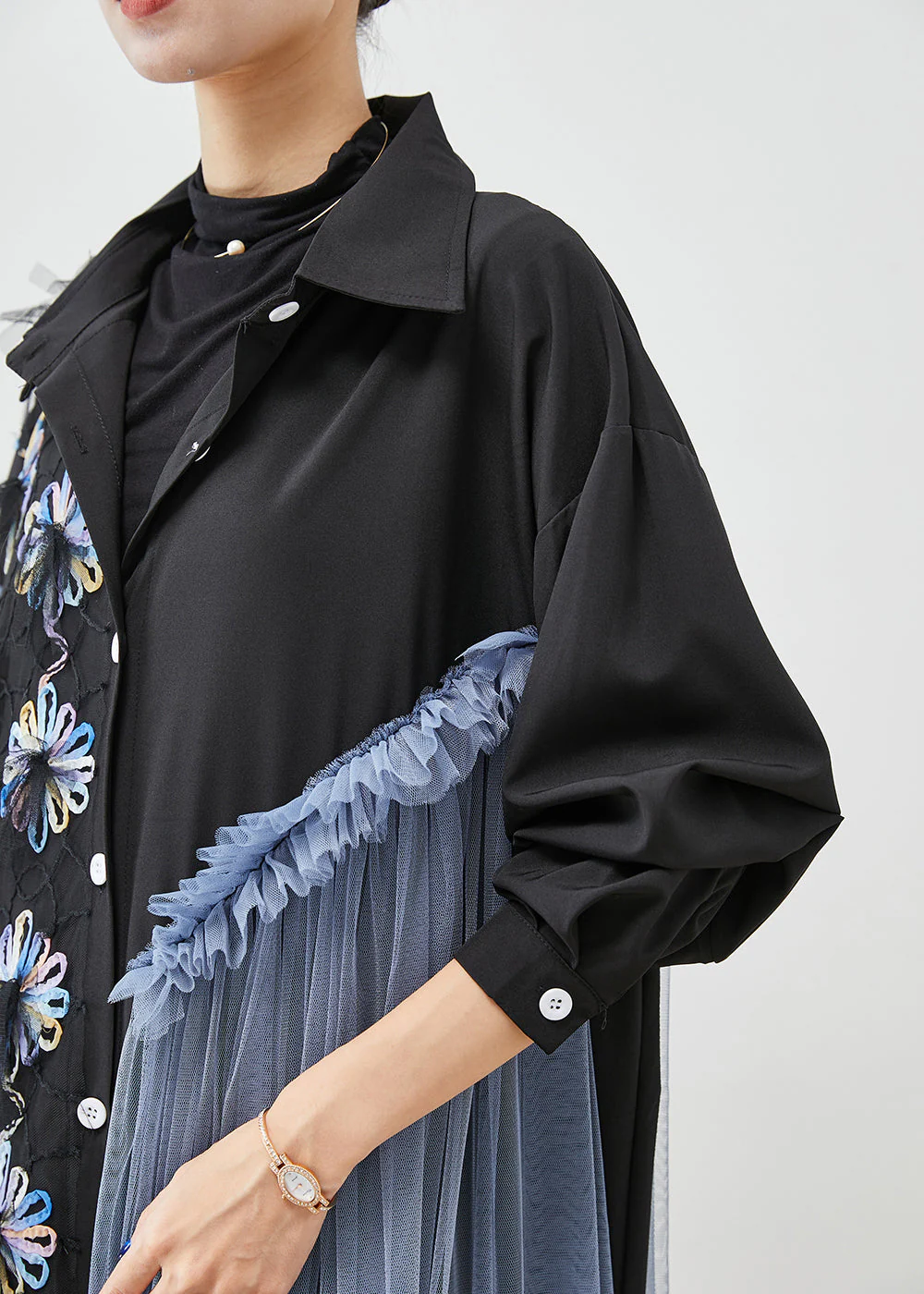 Chic Black Floral Ruffled Patchwork Tulle Cotton Shirt Dress Fall - Image 5
