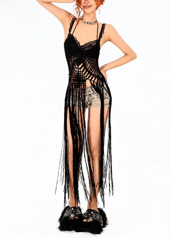 Chic Black Hollow Out Tassel Knit Long Smock Dresses Sleeveless