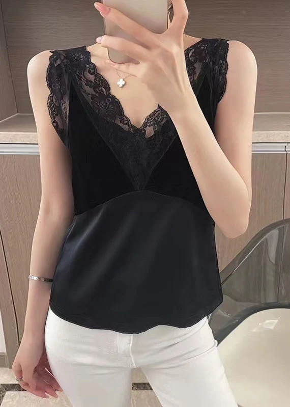 Chic Black Lace Patchwork Silk Tanks Sleeveless - Image 2