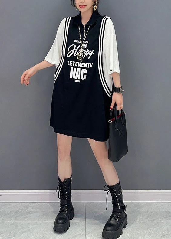 Chic Black Letter Print Patchwork Cotton Sport Mid Dress Summer - Image 4