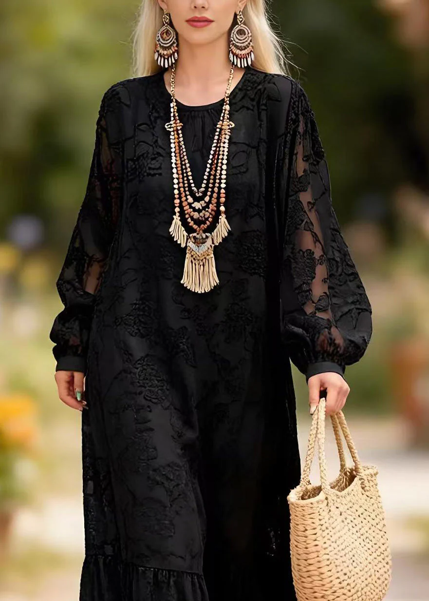 Chic Black O Neck Embroidered Lace Long Dress Spring - Image 2
