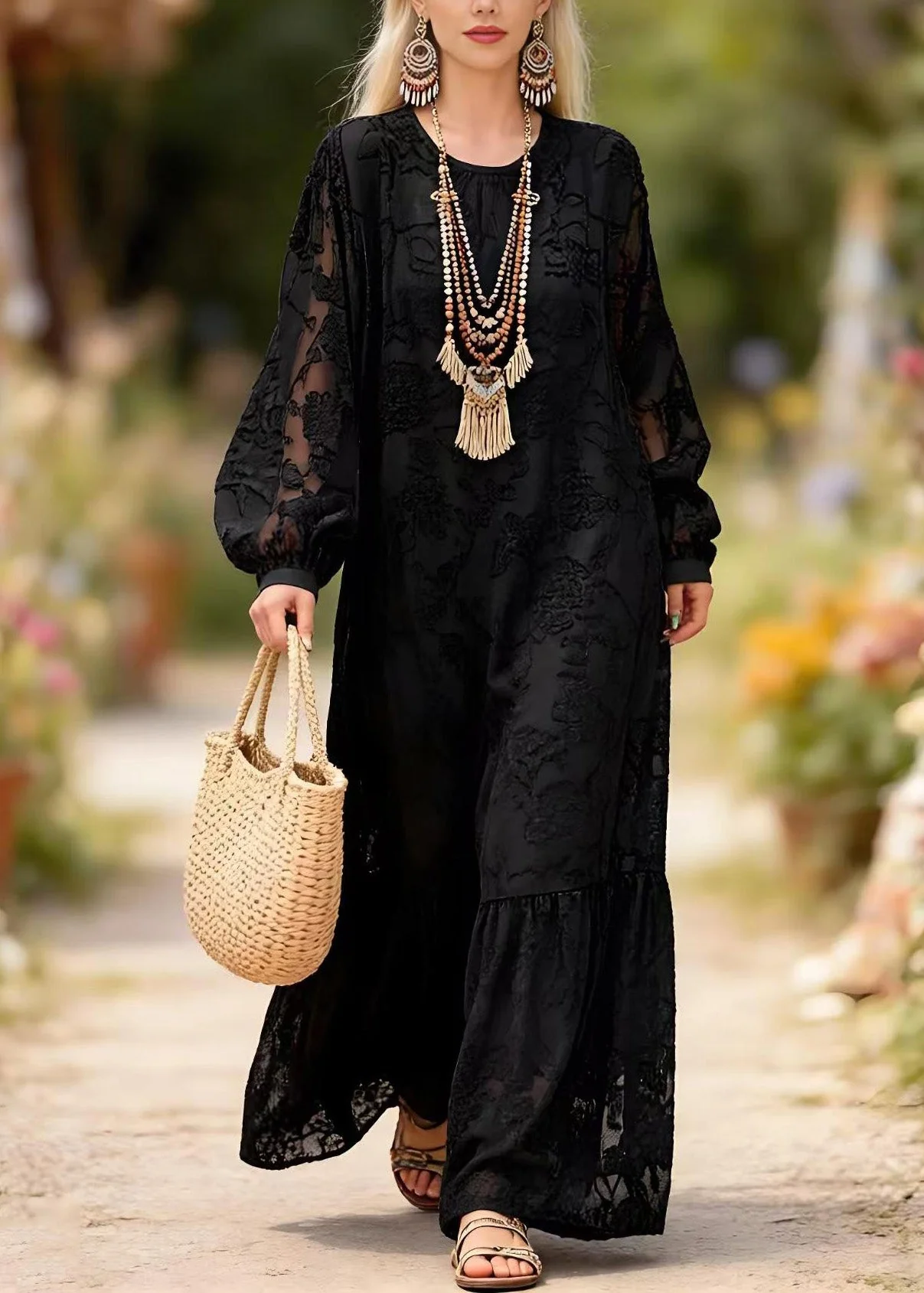 Chic Black O Neck Embroidered Lace Long Dress Spring - Image 3