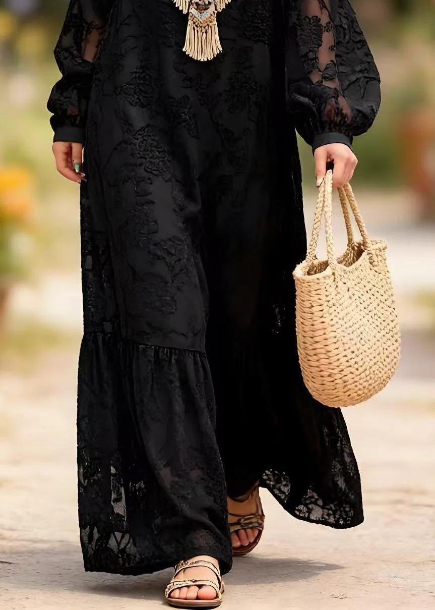 Chic Black O Neck Embroidered Lace Long Dress Spring - Image 4