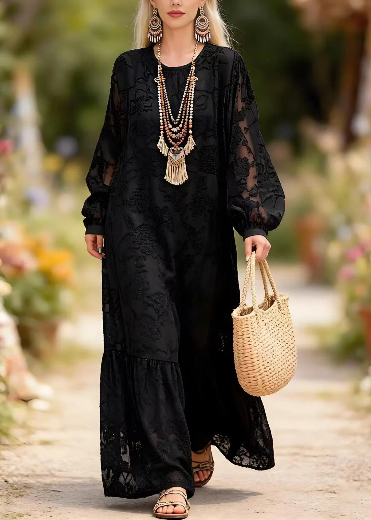 Chic Black O Neck Embroidered Lace Long Dress Spring - Image 5