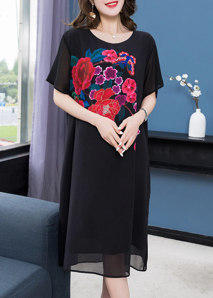 Chic Black O Neck Floral Patchwork Chiffon Mid Dress Summer - Image 3