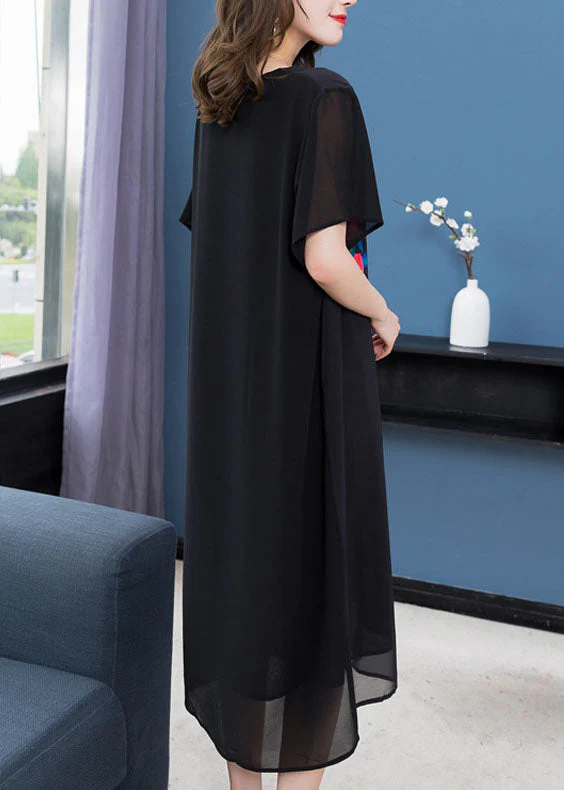 Chic Black O Neck Floral Patchwork Chiffon Mid Dress Summer - Image 5