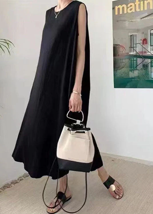 Chic Black O-Neck Patchwork Dress Sleeveless - Image 3