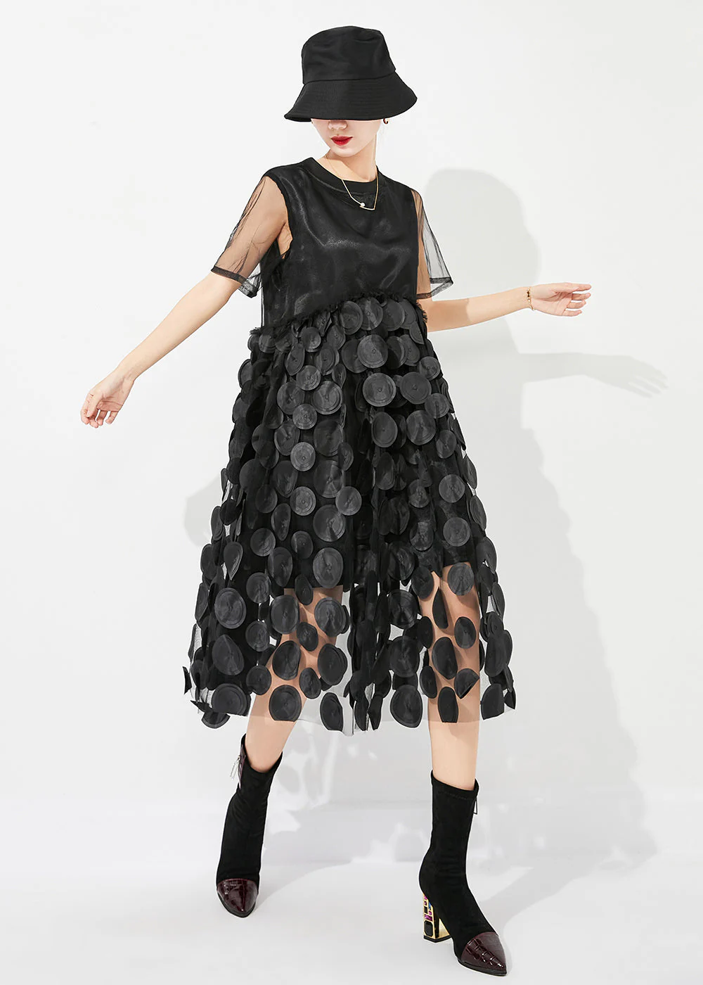 Chic Black O-Neck Patchwork Exra Large Hem Tulle Vacation Dress Summer - Image 2