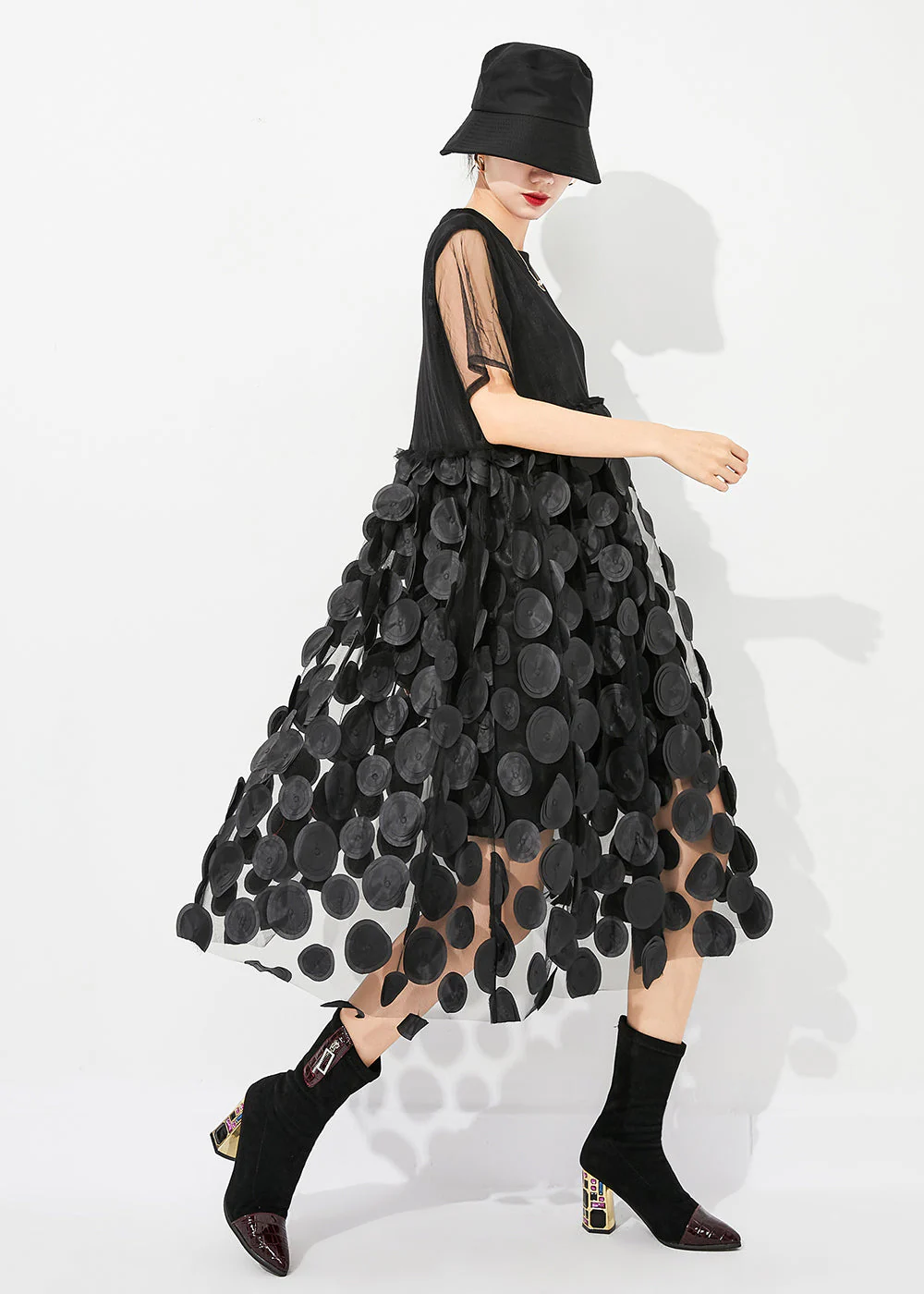 Chic Black O-Neck Patchwork Exra Large Hem Tulle Vacation Dress Summer - Image 3