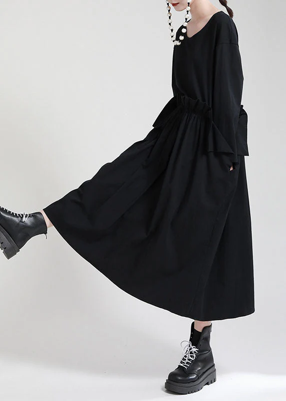 Chic Black O-Neck Patchwork Pockets Fall Dress Long sleeve