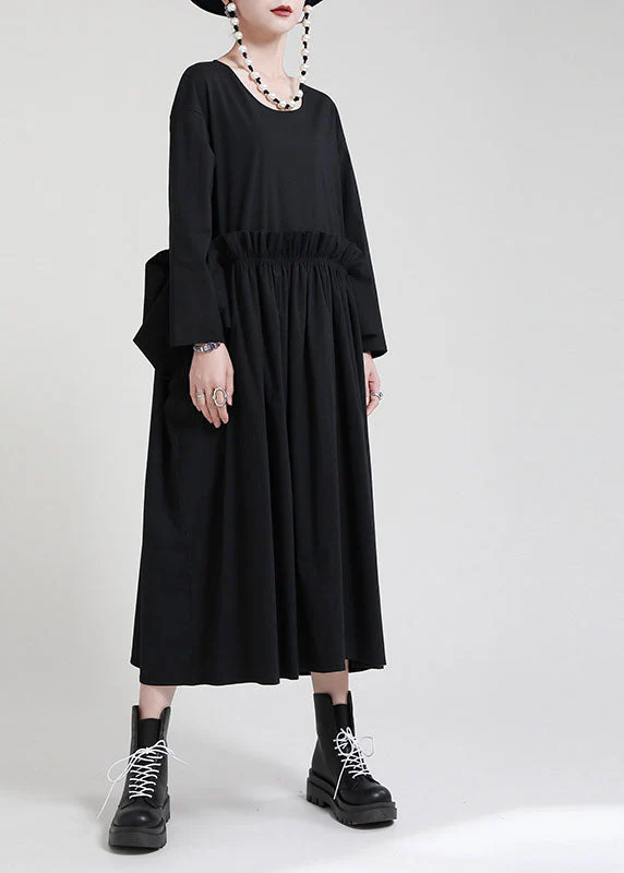 Chic Black O-Neck Patchwork Pockets Fall Dress Long sleeve - Image 2