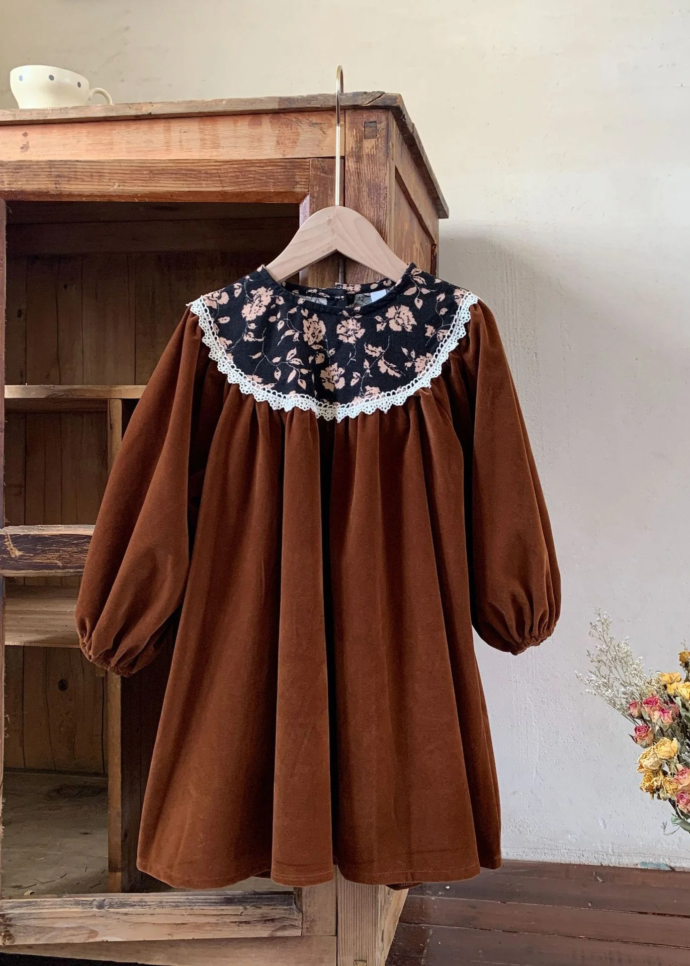 Chic Black O Neck Print Wrinkled Velour Baby Girls Dress Fall - Image 2