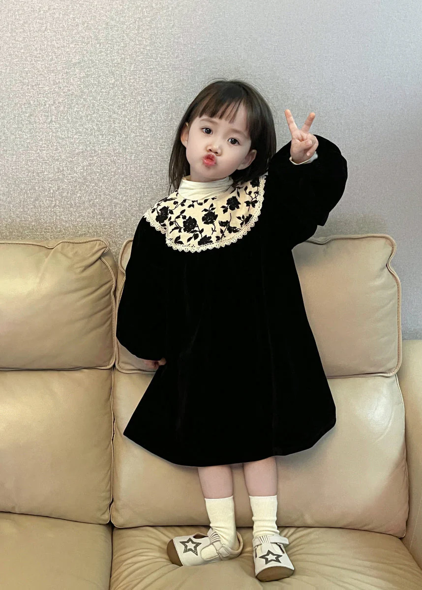 Chic Black O Neck Print Wrinkled Velour Baby Girls Dress Fall - Image 3