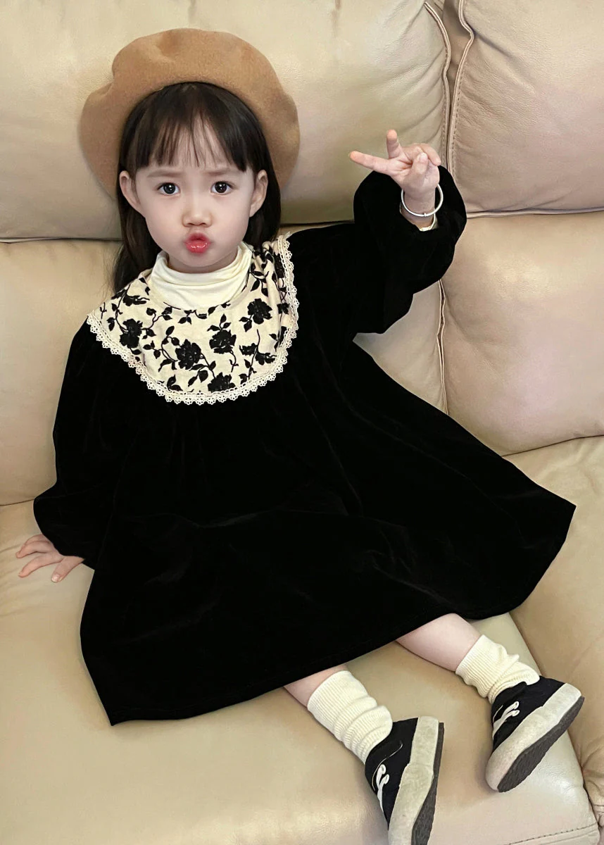 Chic Black O Neck Print Wrinkled Velour Baby Girls Dress Fall - Image 4