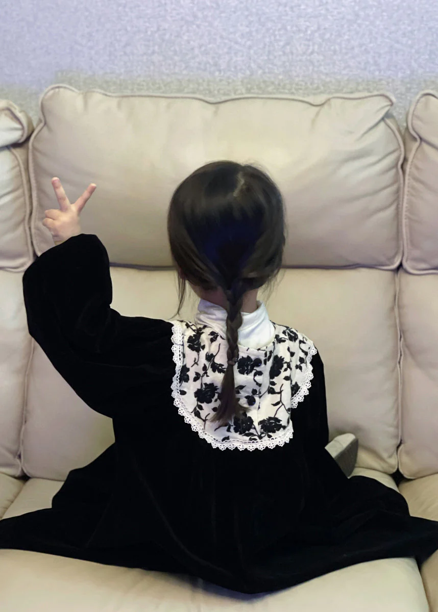 Chic Black O Neck Print Wrinkled Velour Baby Girls Dress Fall - Image 5