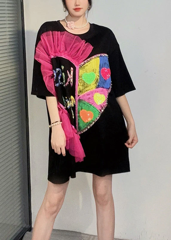 Chic Black O Neck Ruffled Cotton T Shirt Dresses Summer - Image 2