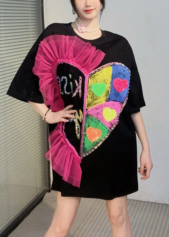 Chic Black O Neck Ruffled Cotton T Shirt Dresses Summer - Image 3