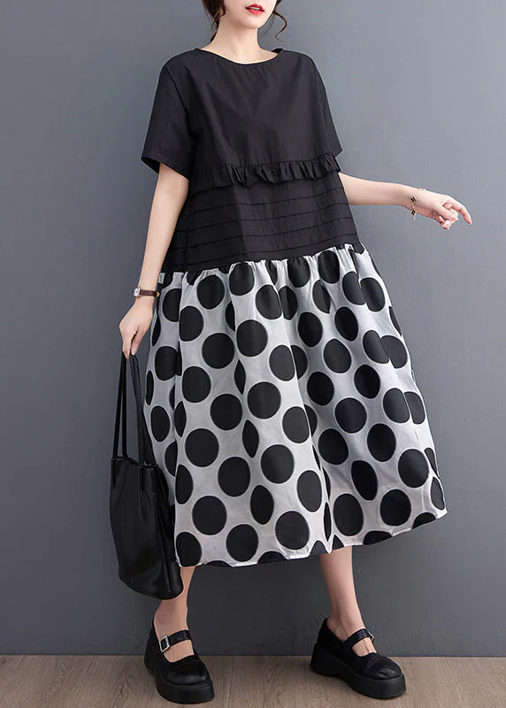 Chic Black O-Neck Ruffled Patchwork Print Dot Maxi Dress Short Sleeve - Image 2