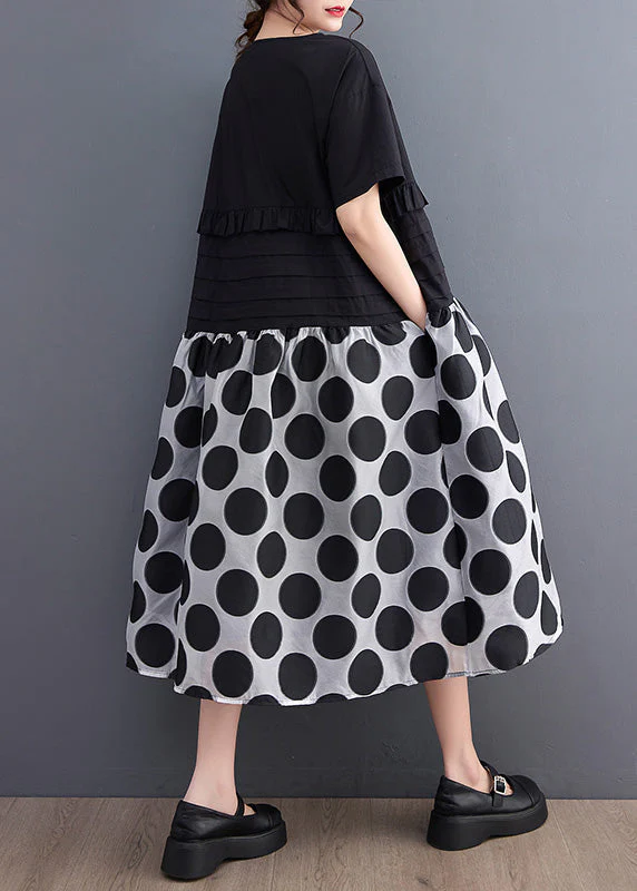 Chic Black O-Neck Ruffled Patchwork Print Dot Maxi Dress Short Sleeve - Image 3