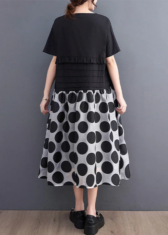 Chic Black O-Neck Ruffled Patchwork Print Dot Maxi Dress Short Sleeve - Image 4