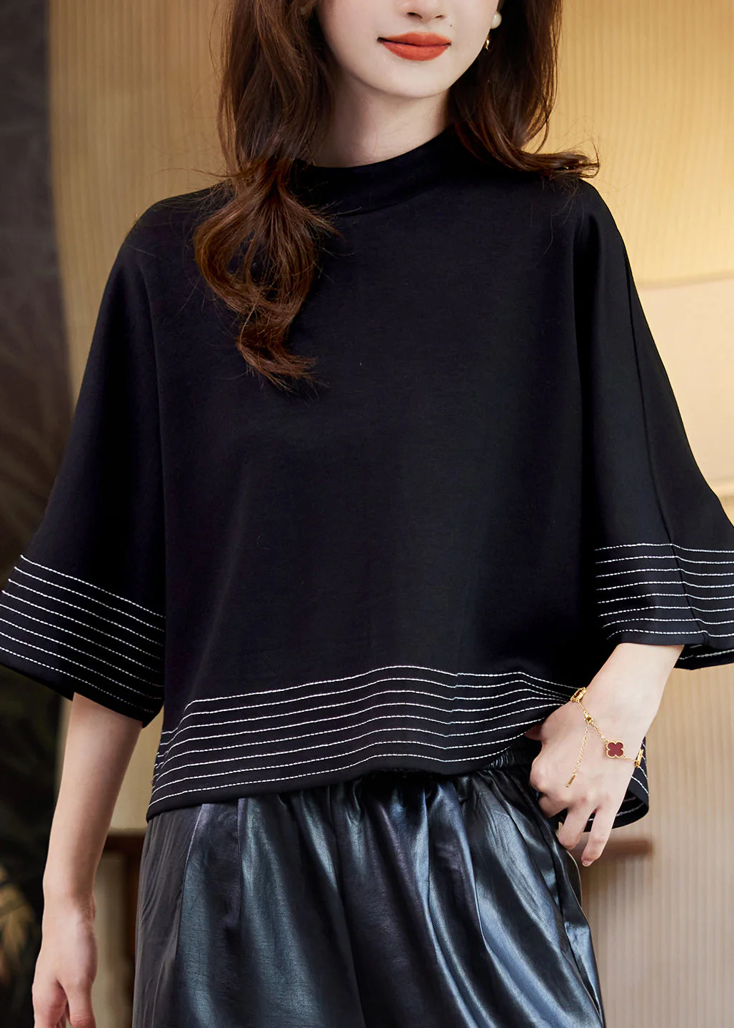 Chic Black O-Neck Striped Patchwork Tops Batwing Sleeve - Image 4