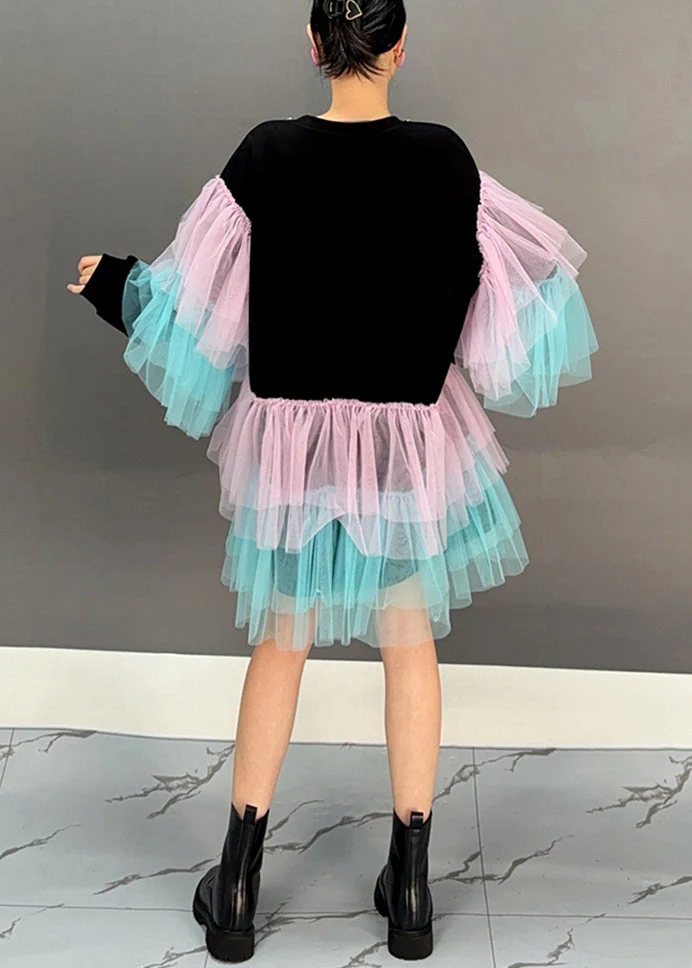 Chic Black O Neck Tulle Patchwork Cotton Mid Dress Spring - Image 5